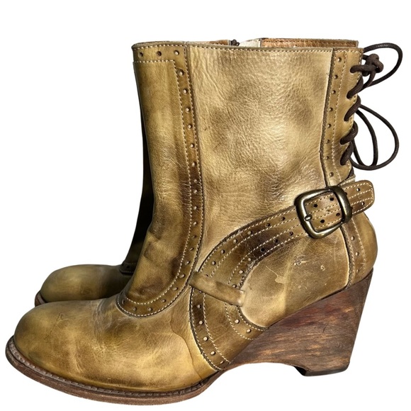 Bed Stu Shoes - Bed Stu Women’s Tan Distressed Leather Heeled Lace Up Boots Shoes Size 9